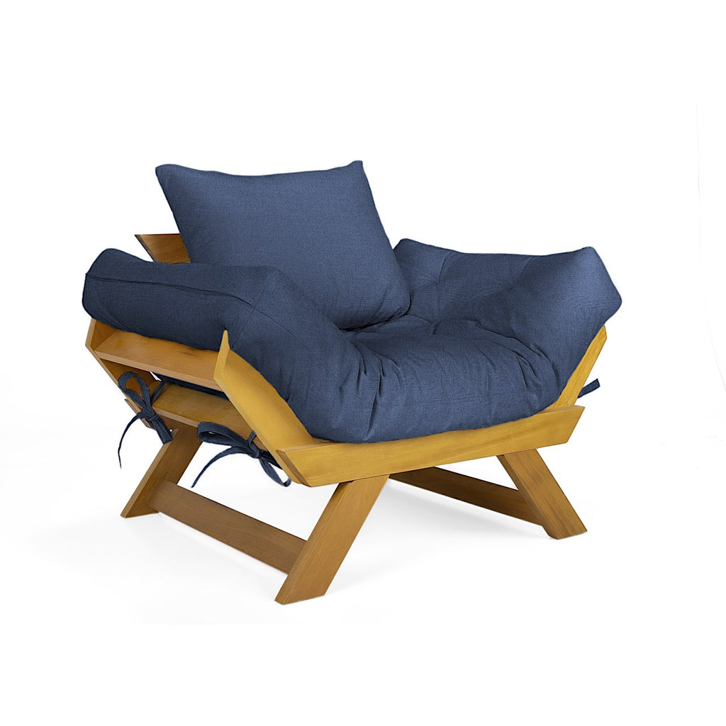 Poltrona Japão Acquablock Madeira Pinus Mel - Azul Royal