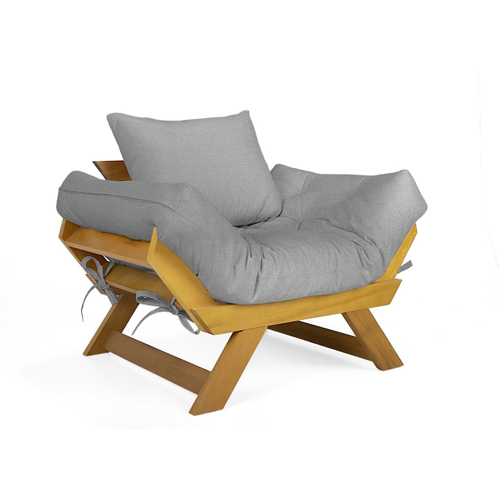 Poltrona Japão Acquablock Madeira Pinus Mel - Cinza Linho