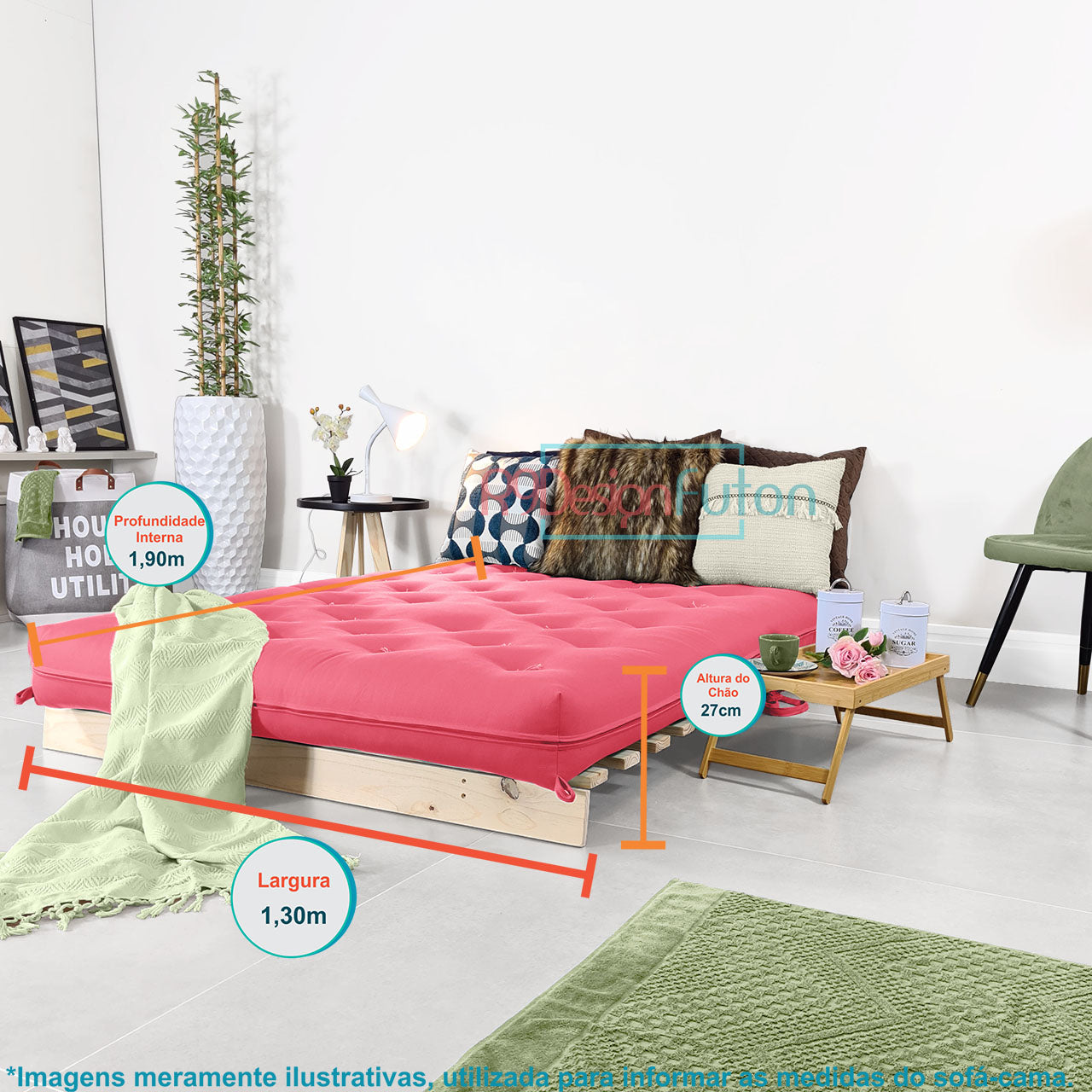 Sofa Cama Futon Casal Tokio Madeira Maciça Sarja Goiaba