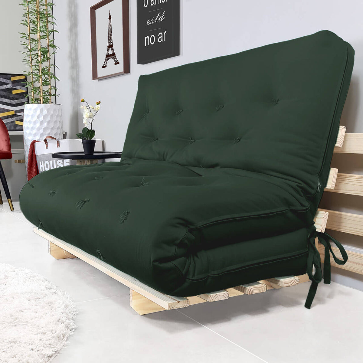 Sofa Cama Casal Futon Oriental Madeira Maciça Sarja Verde Militar