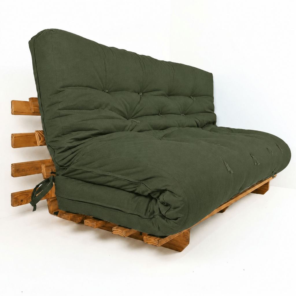 Sofá Cama Futon Oriental King Madeira Pinus Cor Mel Maciça Acquablock cor Verde Oliva