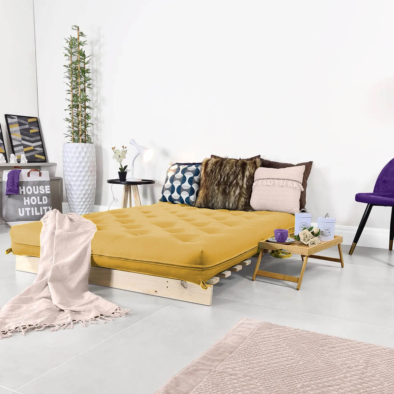 Sofa Cama Futon Casal Tokio Madeira Maciça Acquablock Amarelo