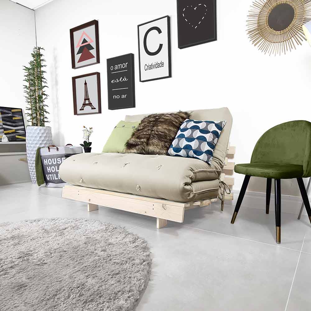 Sofa Cama Futon Casal Tokio Madeira Maciça Sarja Bege