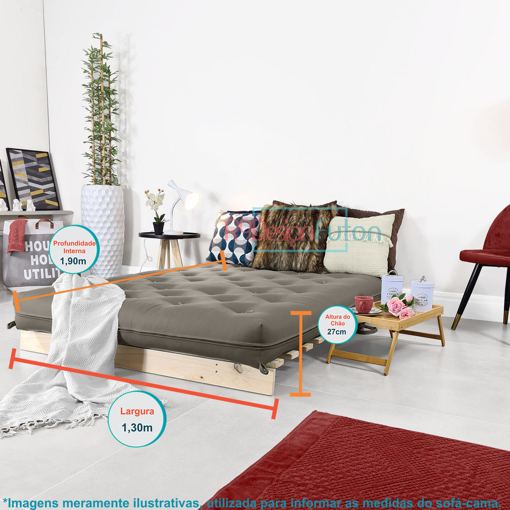 Sofá Cama Casal Futon Tokio D33 Madeira Pinus Natural - Cinza