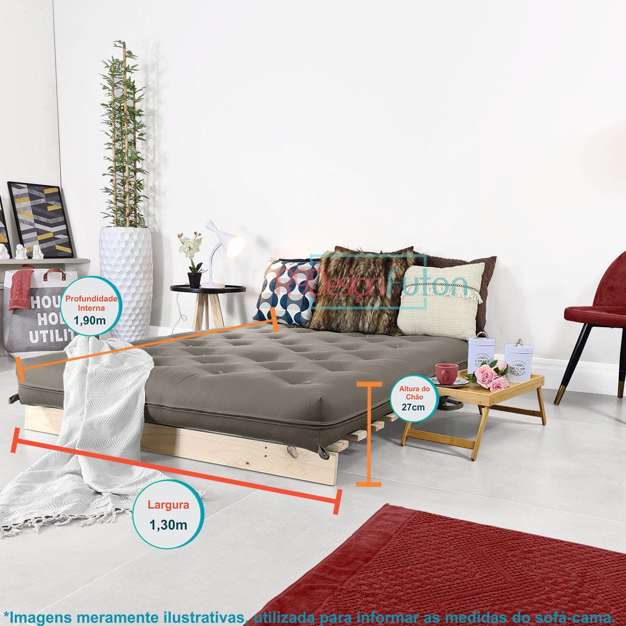 Sofá Cama Casal Futon Tokio D33 Madeira Pinus Natural - Cinza