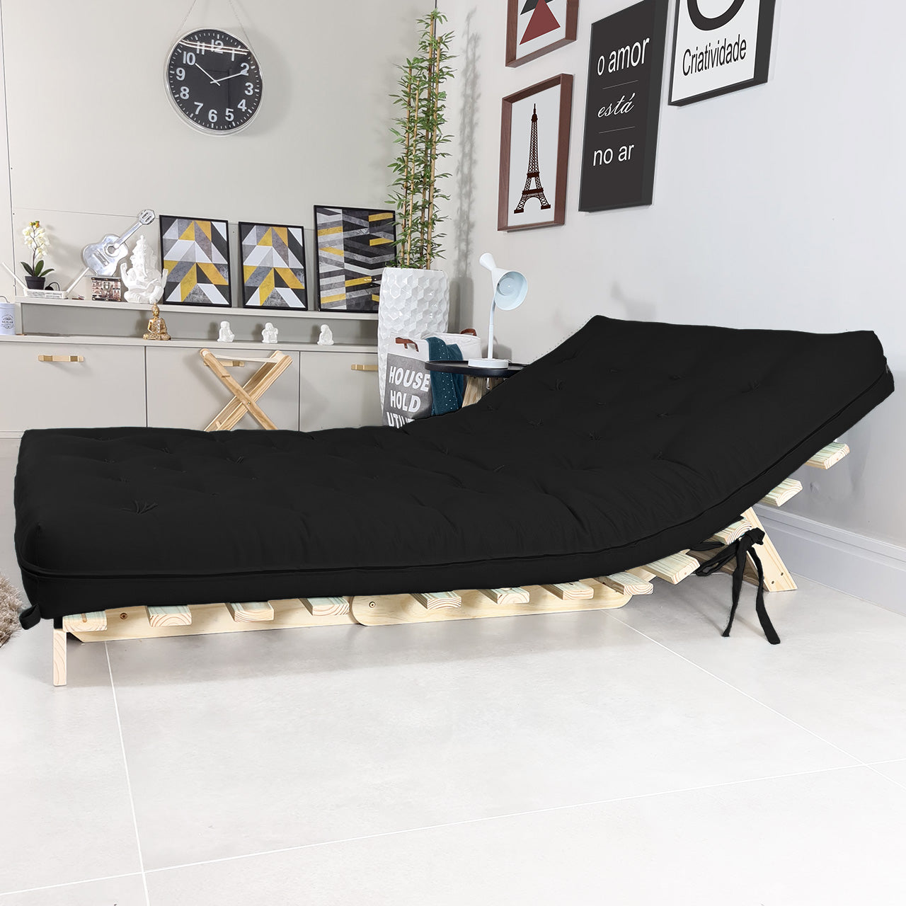 Sofa Cama Casal Futon Oriental Madeira Maciça Acquablock Preto