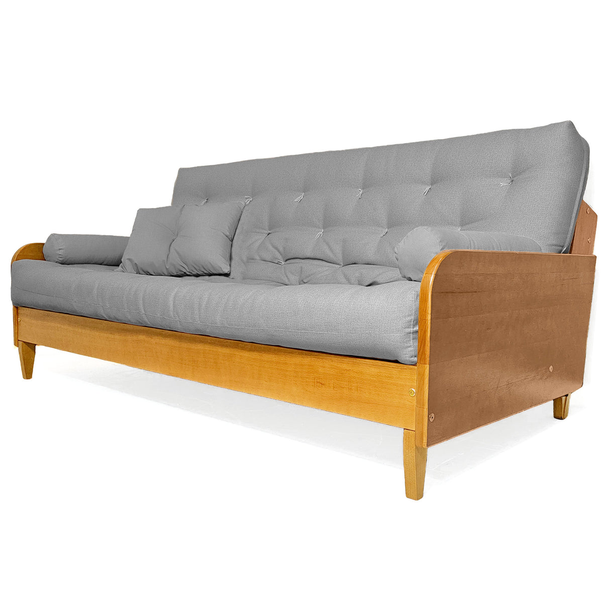 Sofá De Madeira Nobre Cor Mel Futon Paris - Tecido Acquablock Cor Cinza Linho