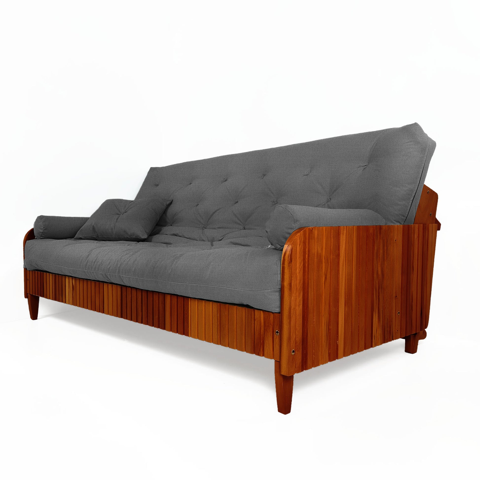 Sofá Cama Paris II Ripado Acquablock Madeira Maciça  Imbuia D33 - Cinza Linho