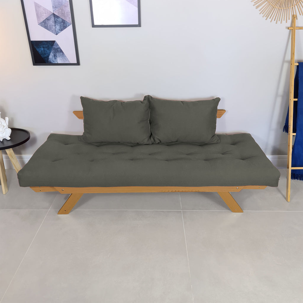 Sofá Japão Futon Sarja Madeira Cor Mel - Cinza
