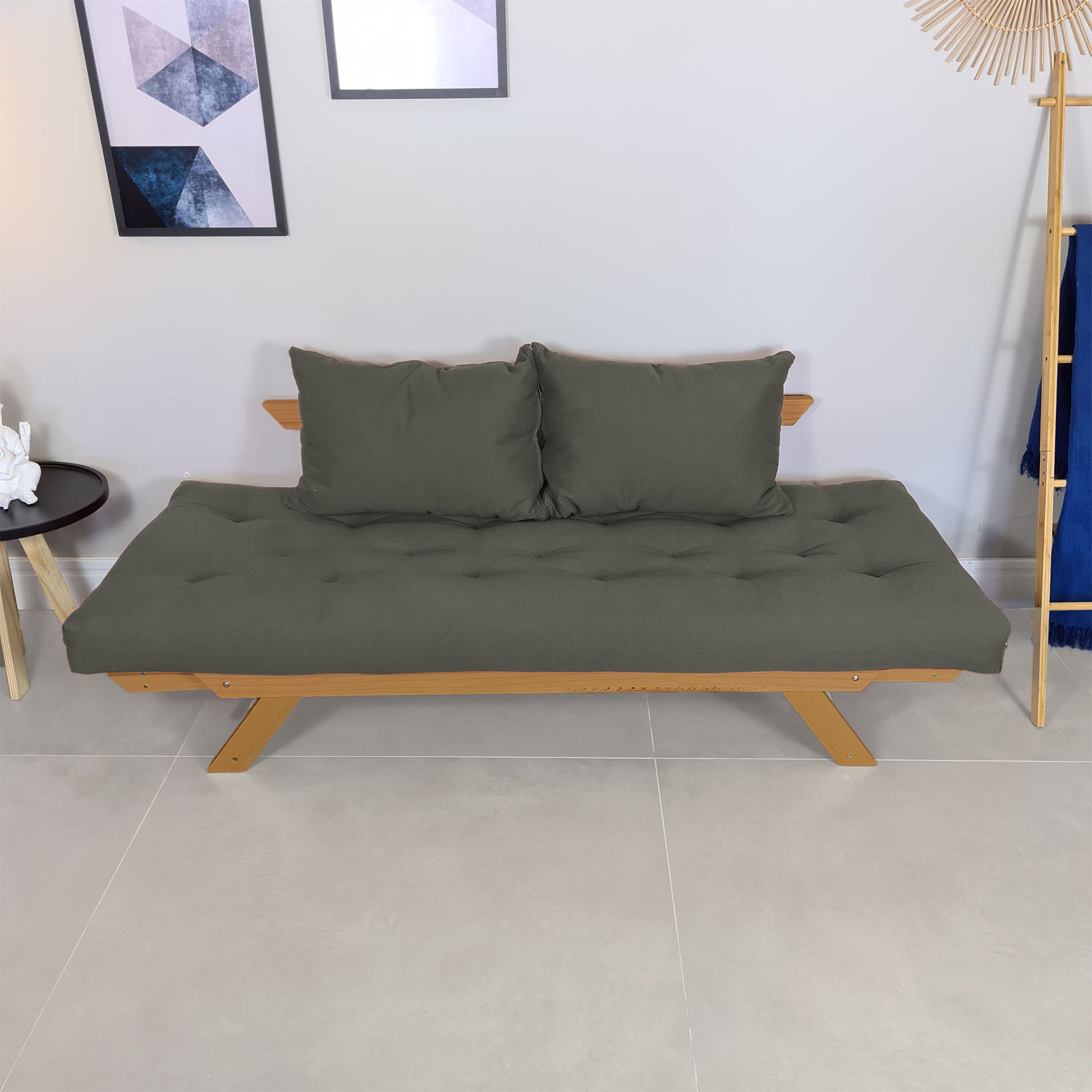 Sofá Japão Futon Sarja Madeira Cor Mel - Cinza