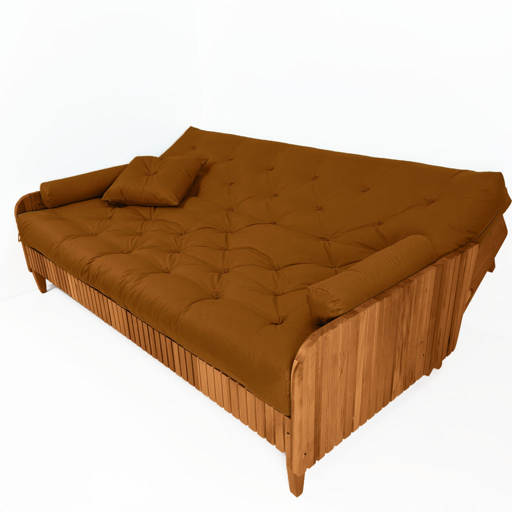 Sofá Cama Paris II Ripado Sarja em Madeira Maciça Natural - Caramelo