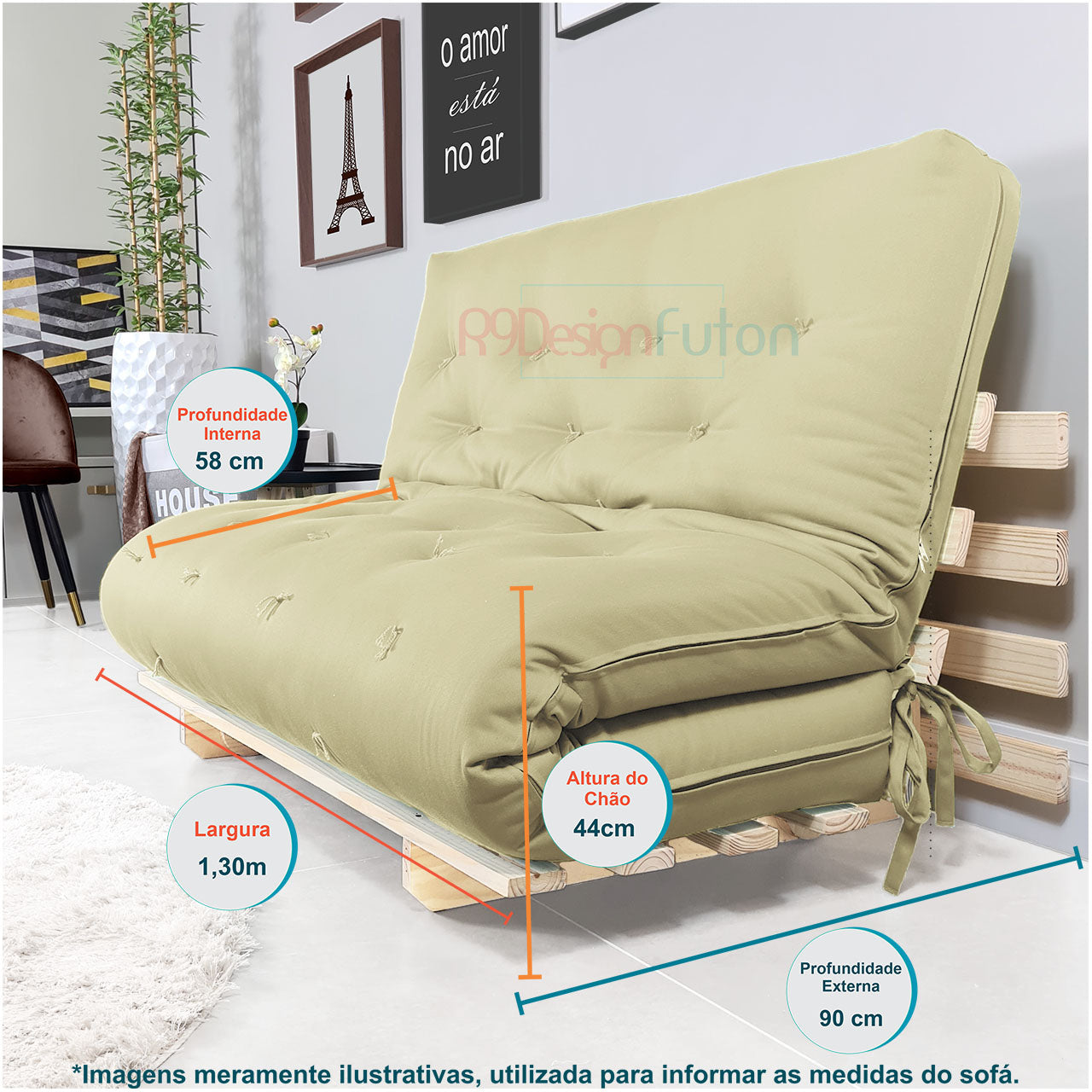 Sofa Cama Casal Futon Oriental D33 Com Madeira Maciça - Bege Claro