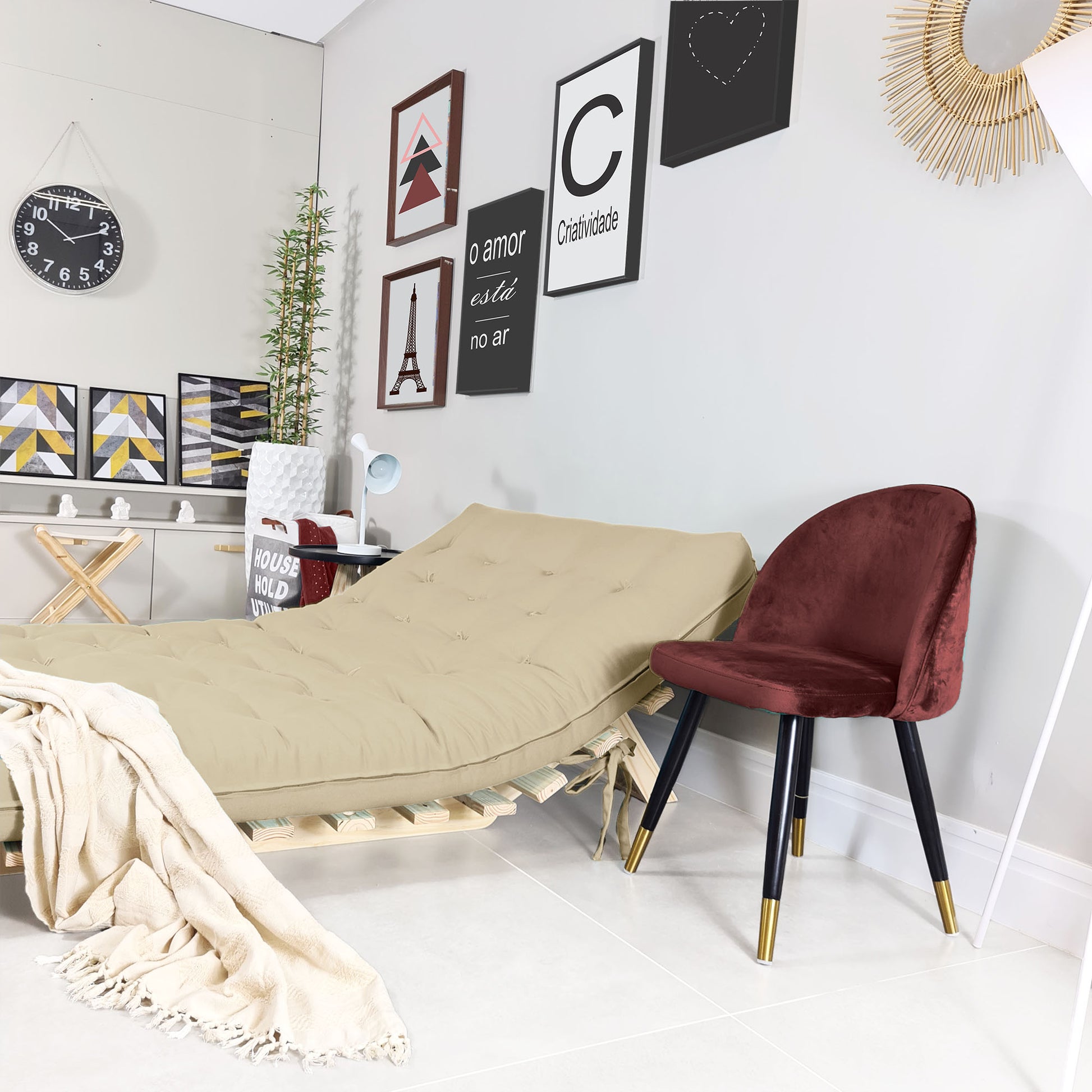 Sofa Cama Casal Futon Oriental  Madeira Maciça Sarja Bege