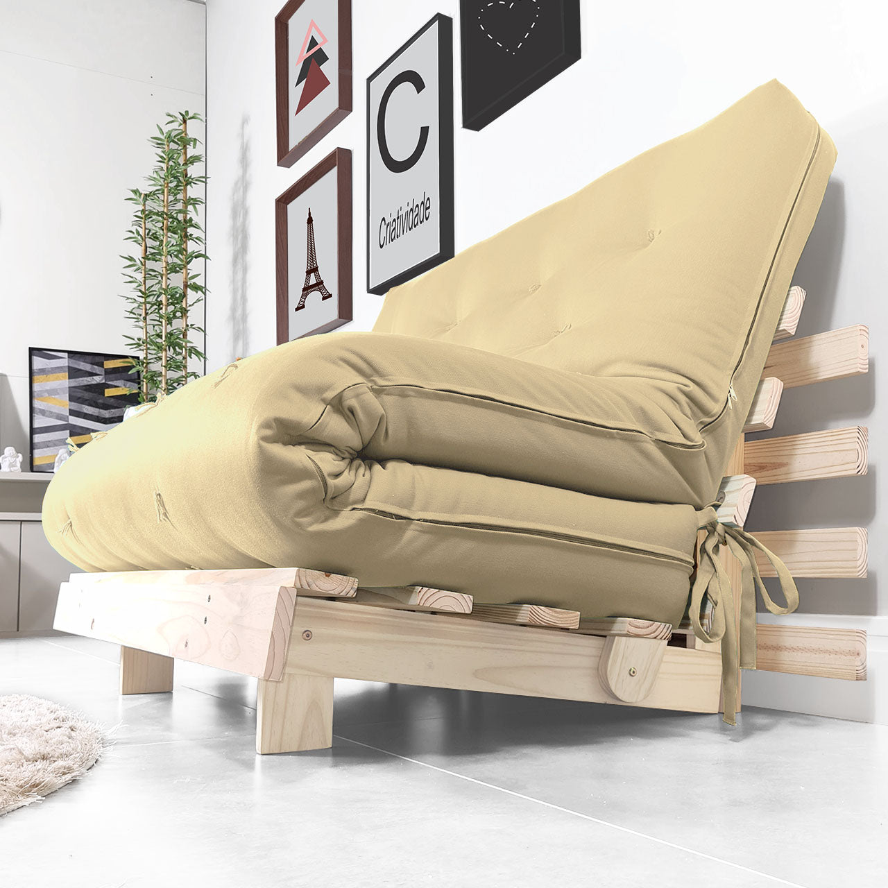 Sofa Cama Futon Casal Tokio Madeira Maciça Acquablock Bege