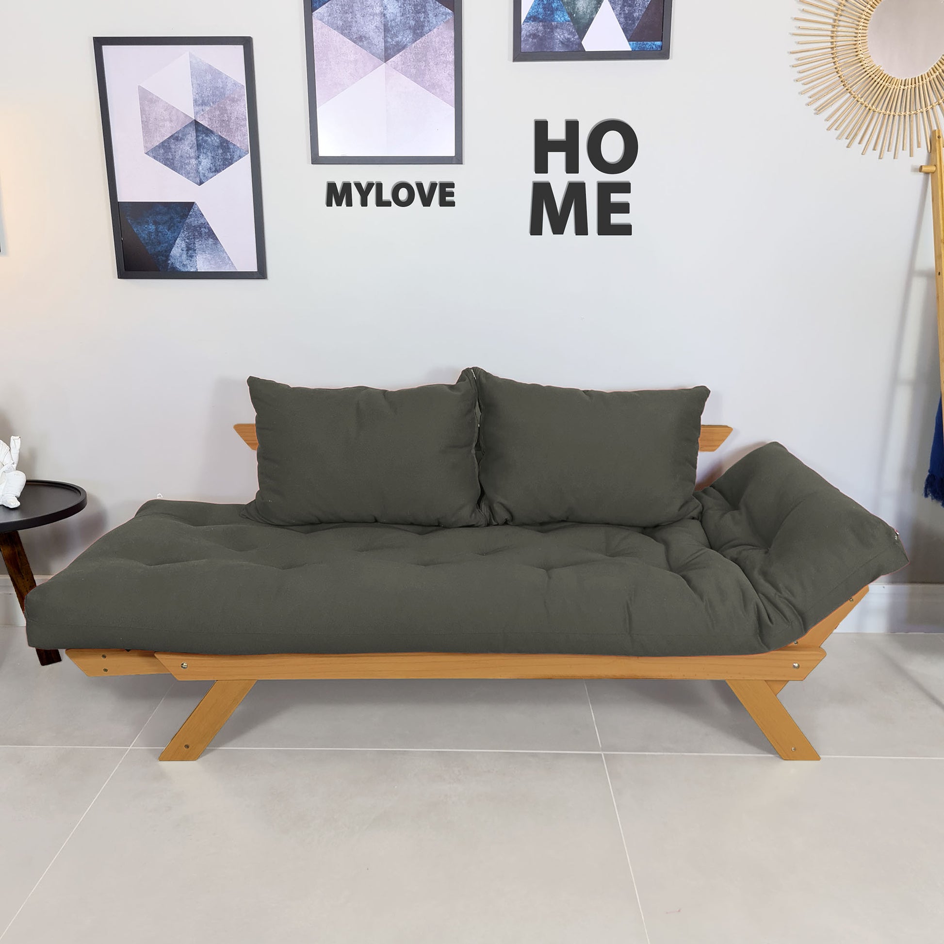 Sofá Japão Futon Sarja Madeira Cor Mel - Cinza