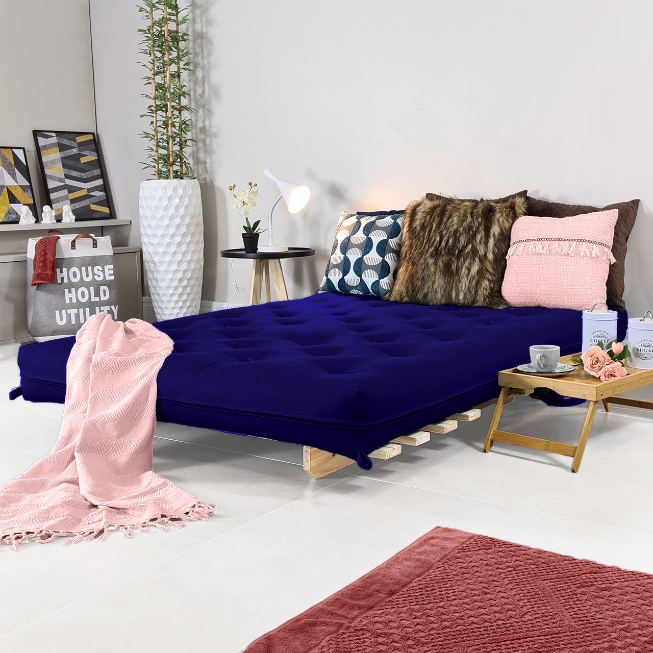 Sofa Cama Casal Futon Oriental Madeira Maciça Acquablock Azul Royal