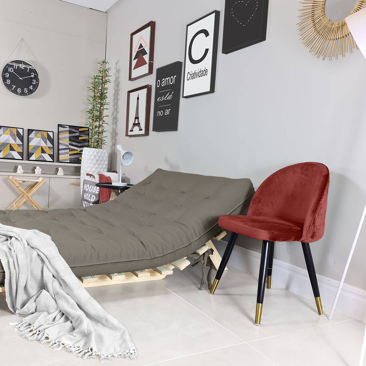Sofa Cama Casal Futon Oriental Madeira Maciça Sarja Cinza