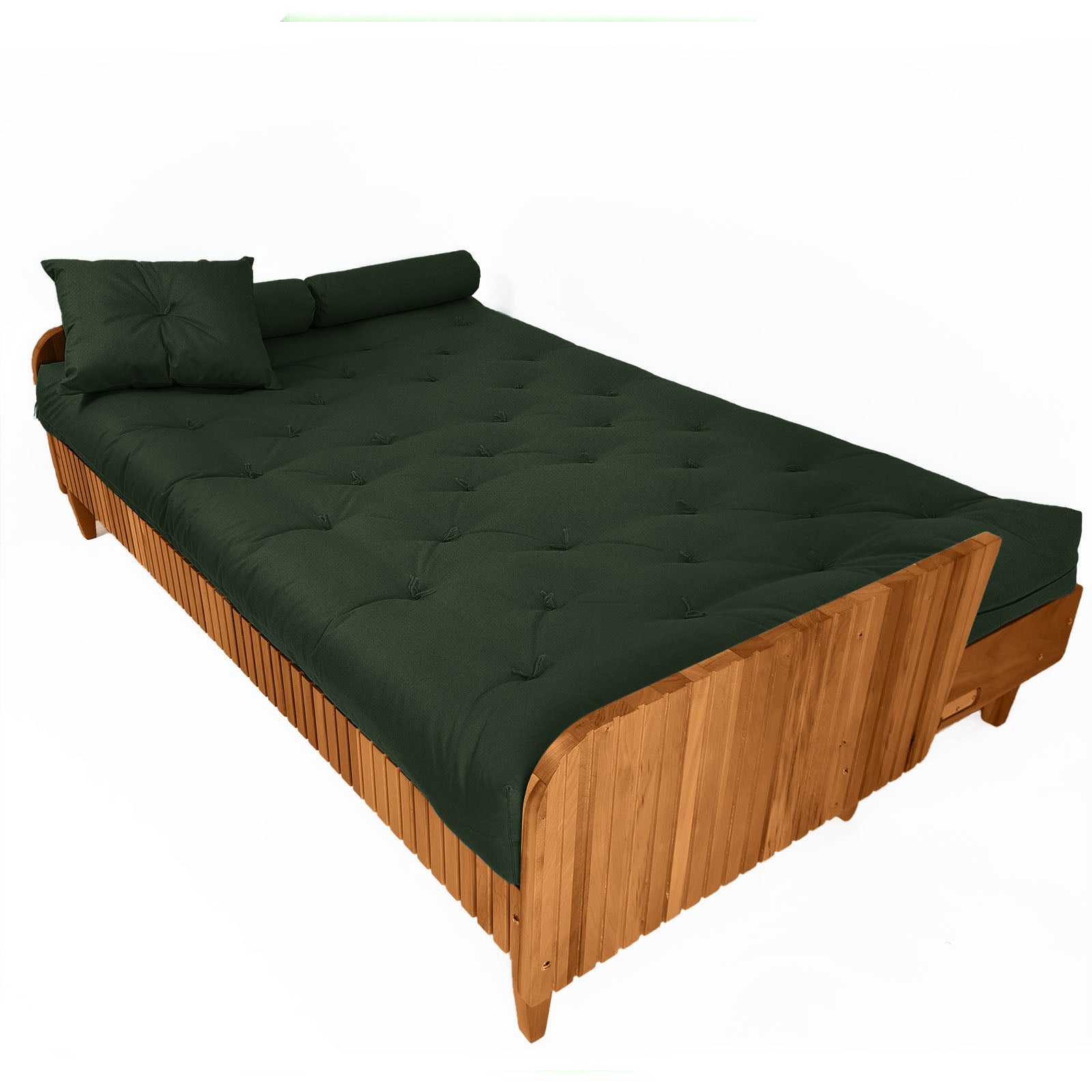 Sofá Cama Paris II Ripado Sarja em Madeira Maciça Natural - Verde Militar