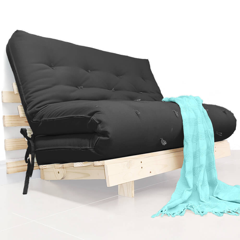 Sofa Cama Futon Casal Tokio Madeira Maciça Sarja Preto