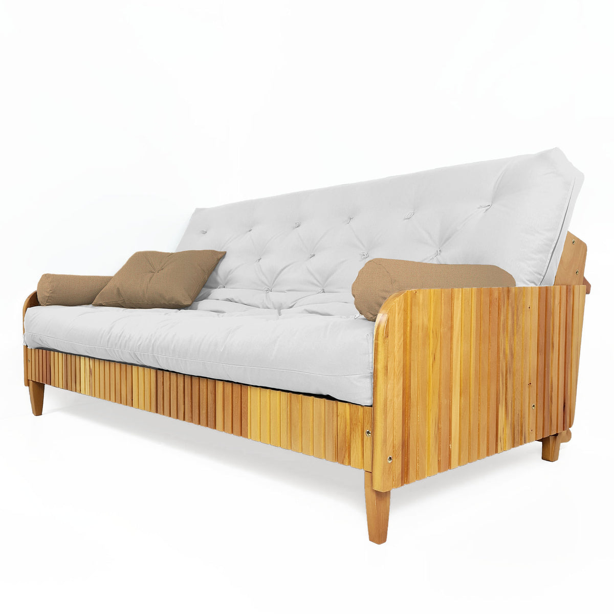 Sofá De Madeira Nobre Ripado Mel Futon Paris - Tecido Acquablock Branco Off