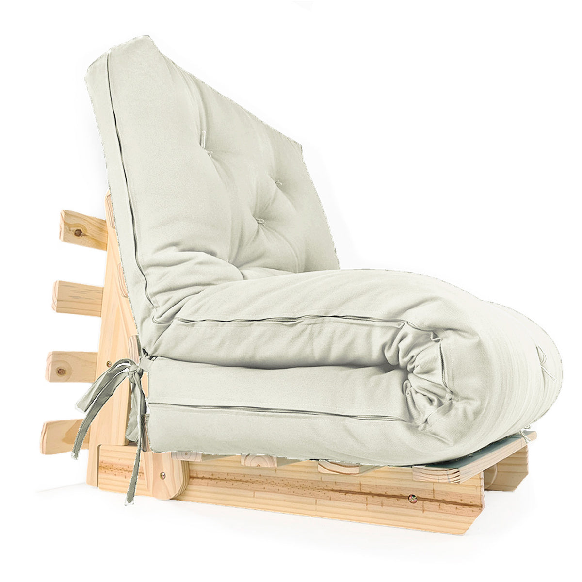 Sofa Cama Solteiro Futon Dobrável - Madeira Natural Acquablock Branco Off