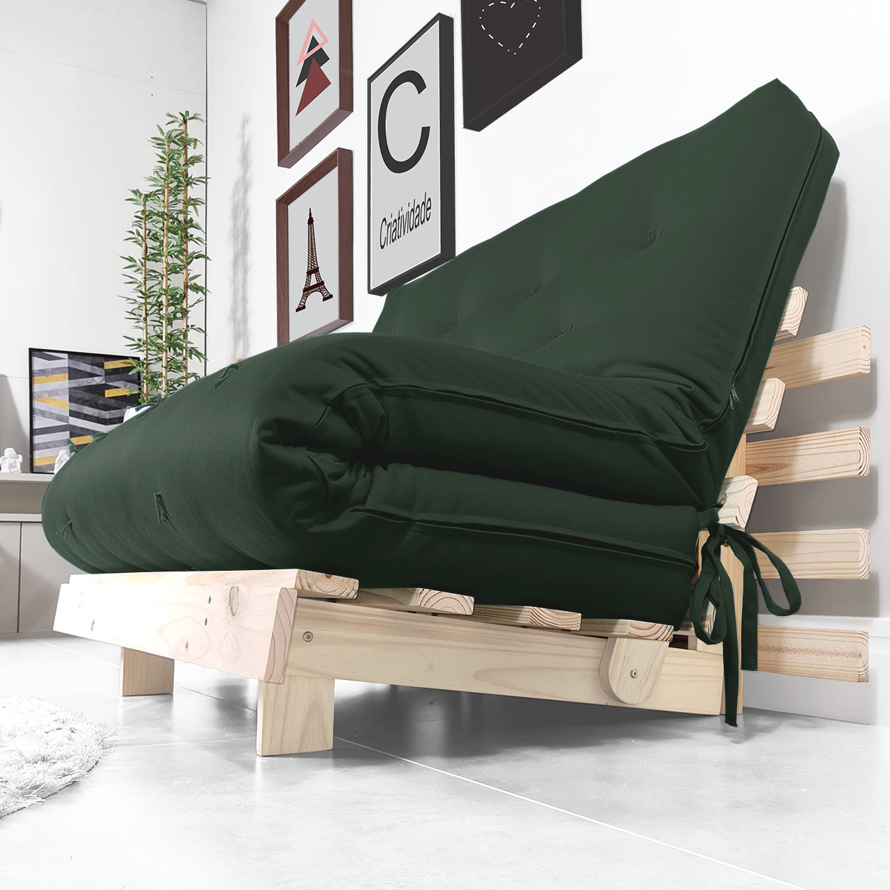 Sofa Cama Futon Casal Tokio Madeira Maciça Sarja Verde Militar