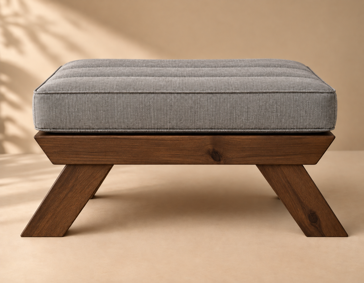 Apoio de Pés Futon - Madeira Cor Imbuia Tecido Acquablock Cinza Linho
