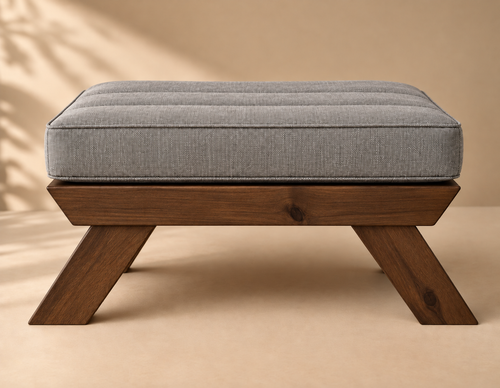 Apoio de Pés Futon - Madeira Cor Imbuia Tecido Acquablock Cinza Linho