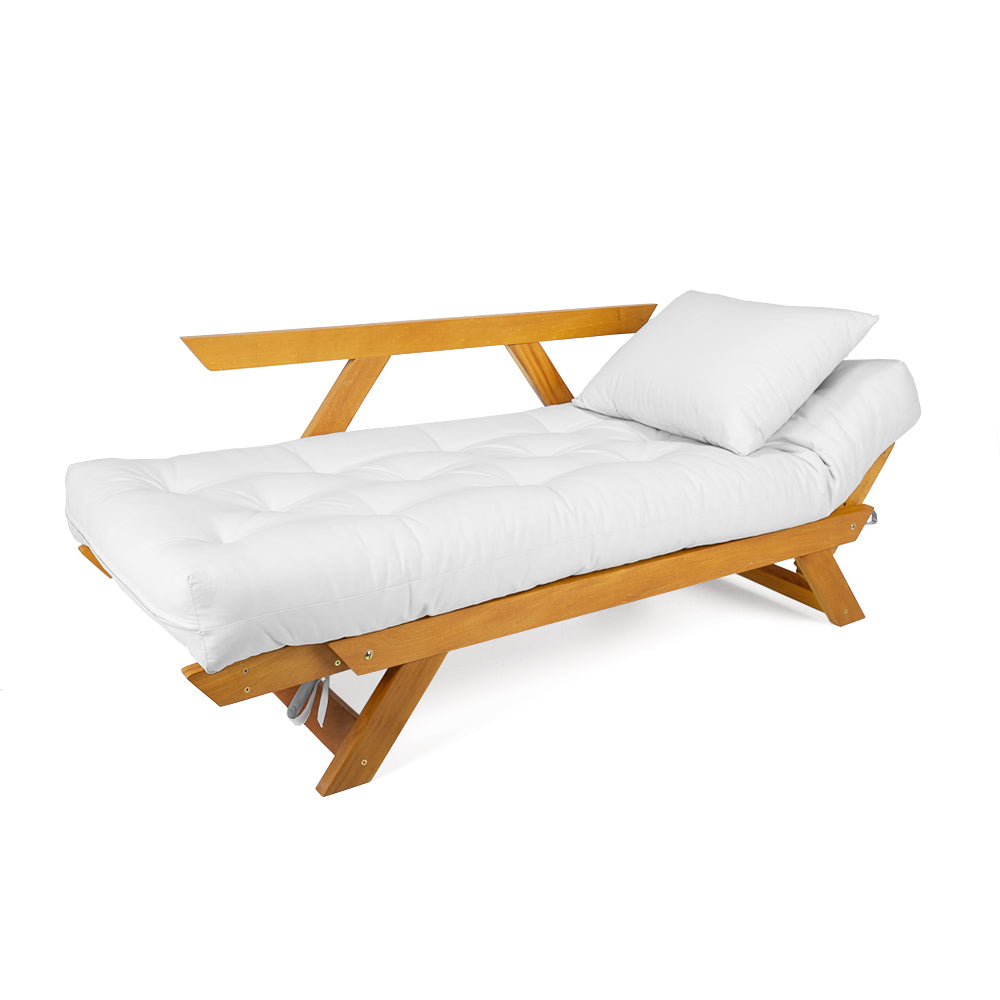 Sofá Cama Reclinável Futon D33 Japão - Madeira Cor Mel Tecido Acquablock Branco Off