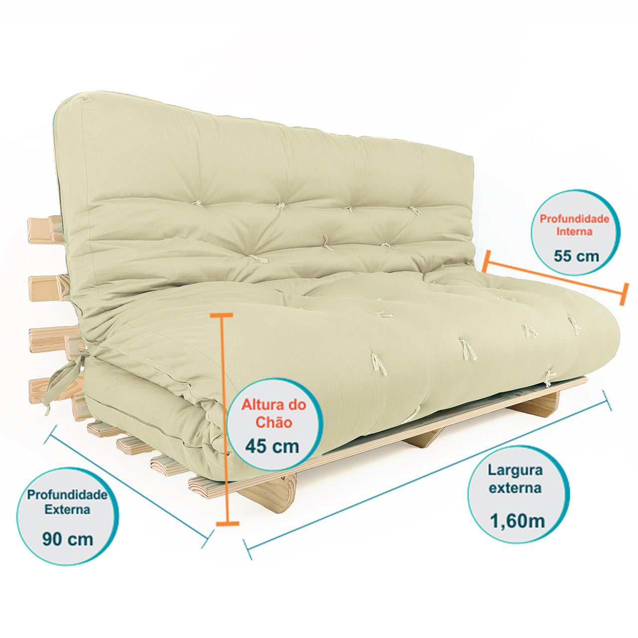 Sofá Cama Futon Oriental King Madeira Cor Mel Maciça Sarja Bege Claro