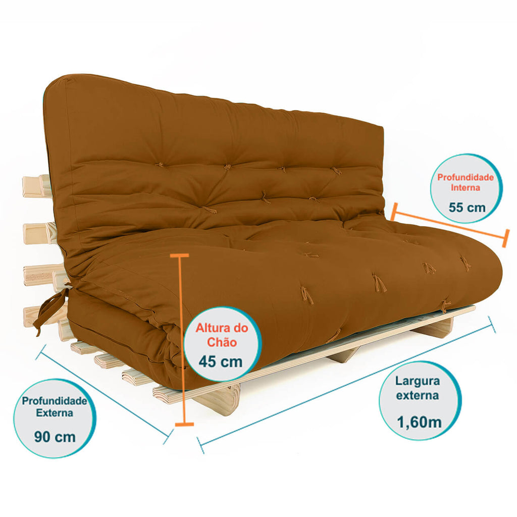Sofá Cama Futon Oriental King Madeira Cor Mel Maciça Sarja Caramelo