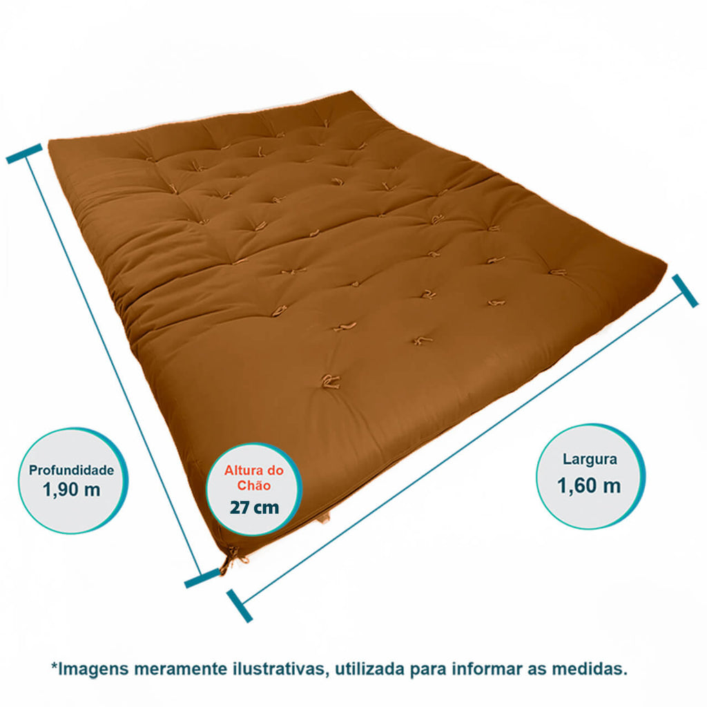 Sofá Cama Futon Oriental King Madeira Cor Mel Maciça Sarja Caramelo
