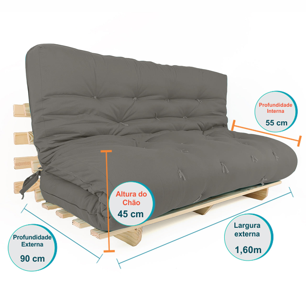 Sofá Cama Futon Oriental King Madeira Cor Mel Maciça Sarja Cinza