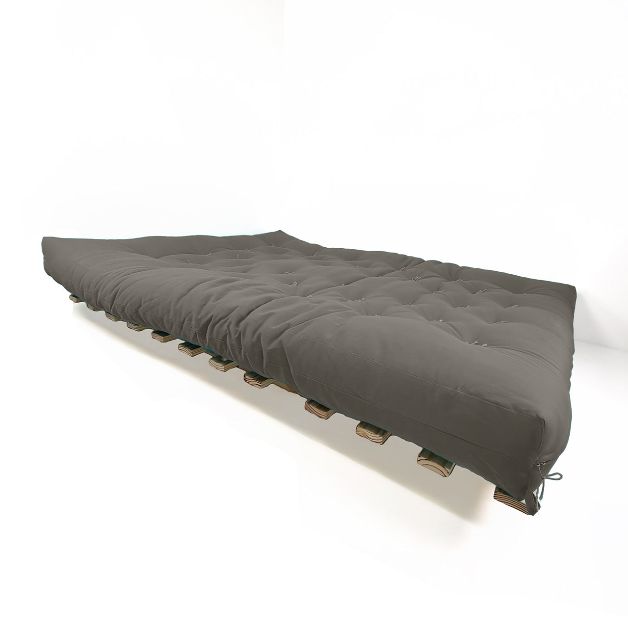 Sofá Cama Futon Oriental King Madeira Cor Mel Maciça Sarja Cinza