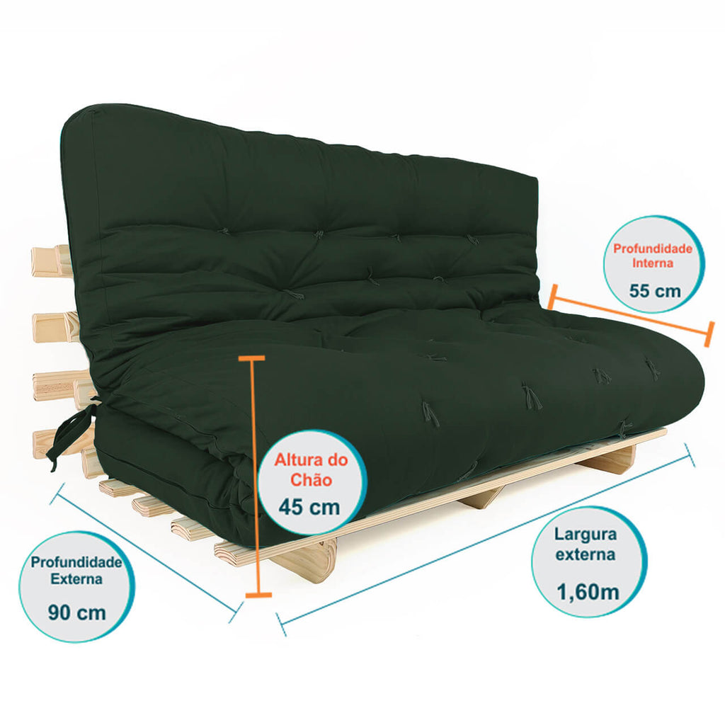 Sofá Cama Futon Oriental King Madeira Cor Mel Maciça Sarja Verde Militar