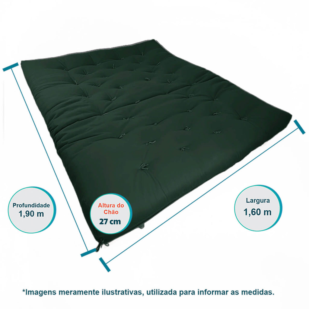 Sofá Cama Futon Oriental King Madeira Cor Mel Maciça Sarja Verde Militar