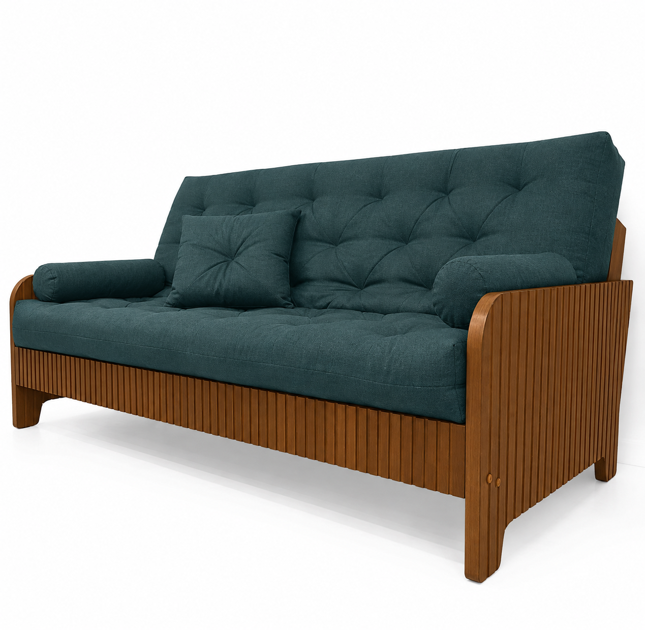 Sofá Cama Casal Futon Paris New II Ripado Madeira Maciça Mel - Tecido Acquablock Cor Verde Oliva