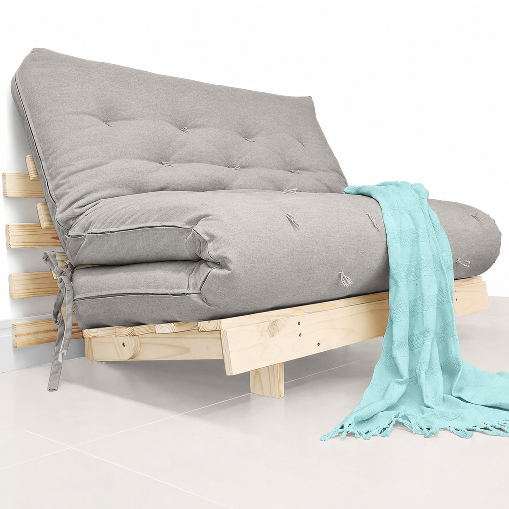 Sofa Cama Futon Casal Tokio Madeira Maciça Acquablock Cinza Linho