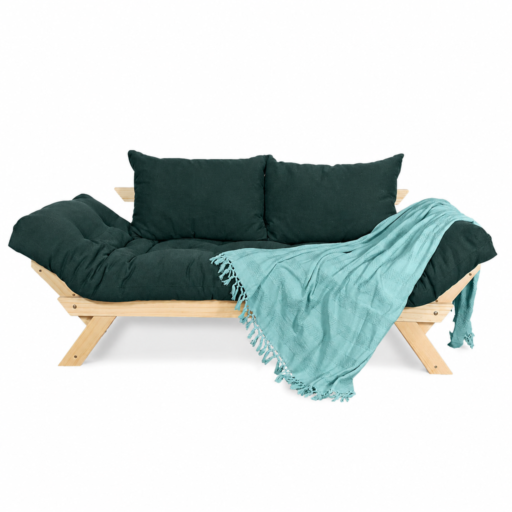 Sofá Cama Reclinável Futon Japão - Madeira Sem Pintura Tecido Acquablock Cor Verde Oliva