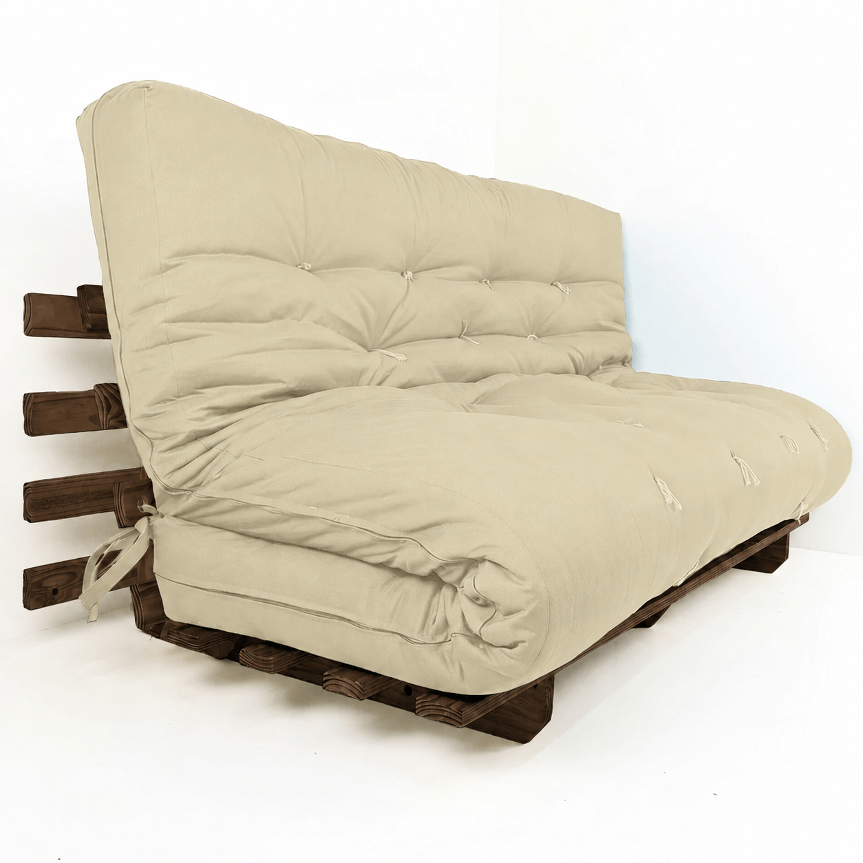 Sofá Cama Futon Oriental King Madeira Cor imbuia Maciça Sarja Bege Claro - D33