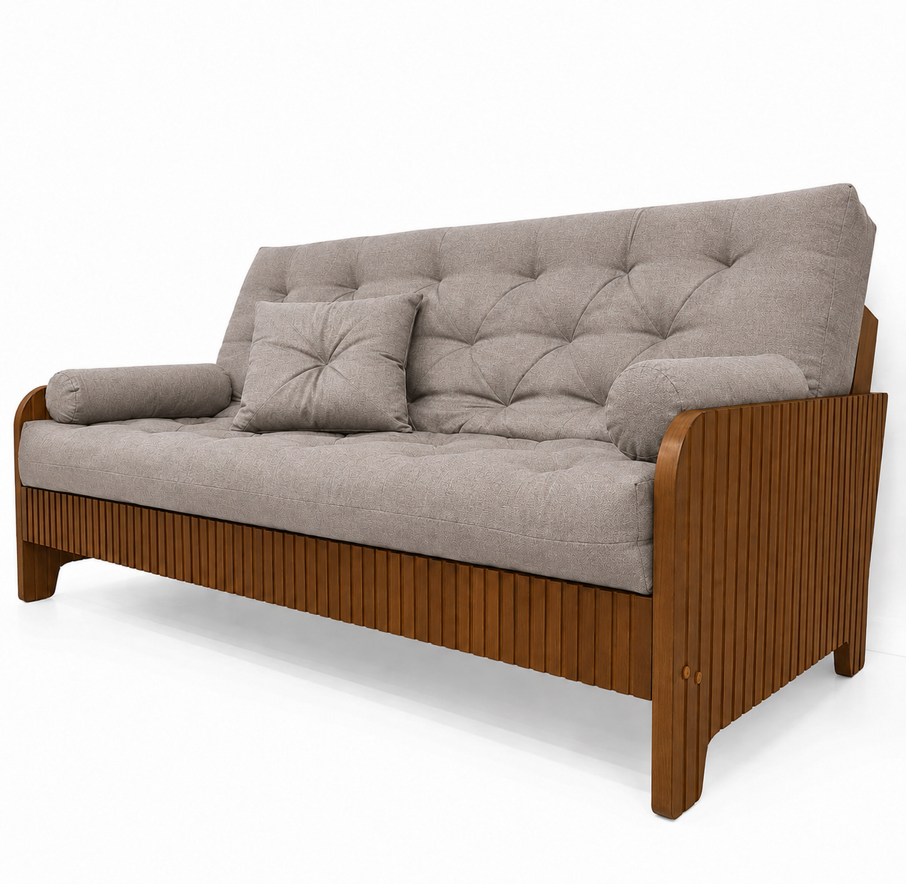 Sofá Cama Casal Futon Paris New II D33 Ripado Acquablock em Madeira Maciça Mel - Cor Fendi