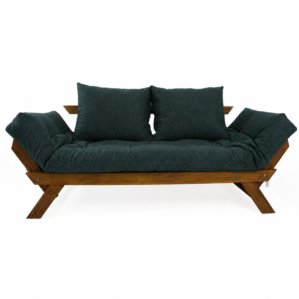 Sofá Cama Reclinável Futon Japão - Madeira Cor Imbuia Tecido Acquablock Verde Oliva