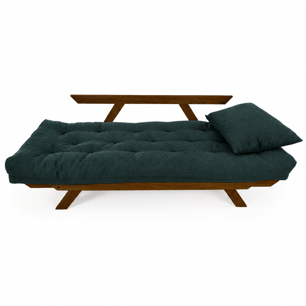 Sofá Cama Reclinável Futon Japão - Madeira Cor Imbuia Tecido Acquablock Verde Oliva