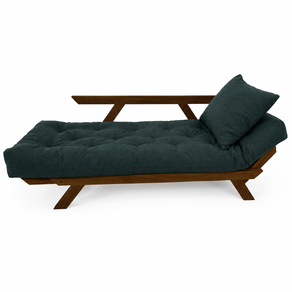 Sofá Cama Reclinável Futon Japão - Madeira Cor Imbuia Tecido Acquablock Verde Oliva