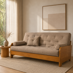 Sofá Cama Casal Futon Paris New Acquablock em Madeira Nobre Mel - Cor Fendi