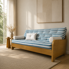 Sofá Cama Casal Futon Paris New Acquablock em Madeira Nobre Mel - Cor Listrado Azul