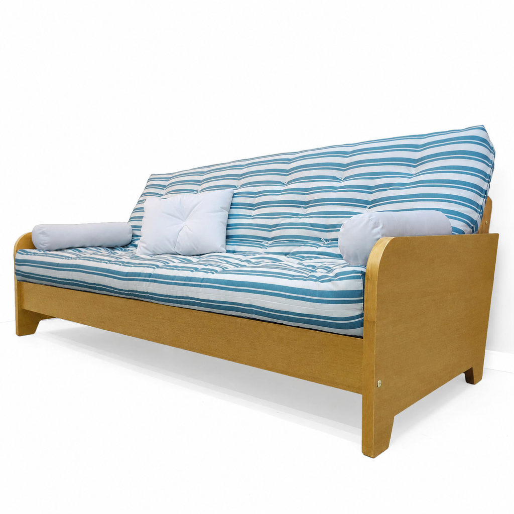 Sofá Cama Casal Futon Paris New Acquablock em Madeira Nobre Mel - Cor Listrado Azul