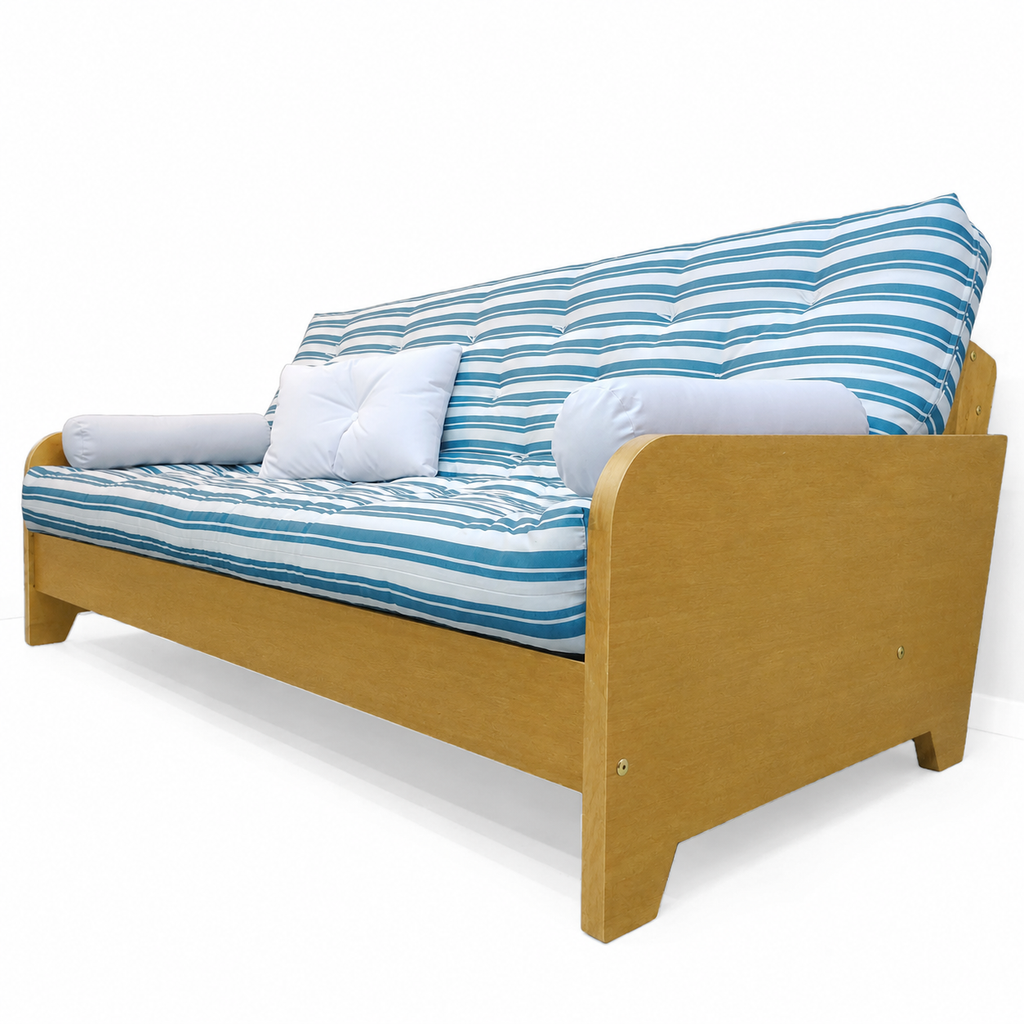 Sofá Cama Casal Futon Paris New Acquablock em Madeira Nobre Mel - Cor Listrado Azul
