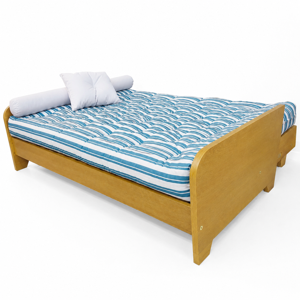 Sofá Cama Casal Futon Paris New Acquablock em Madeira Nobre Mel - Cor Listrado Azul