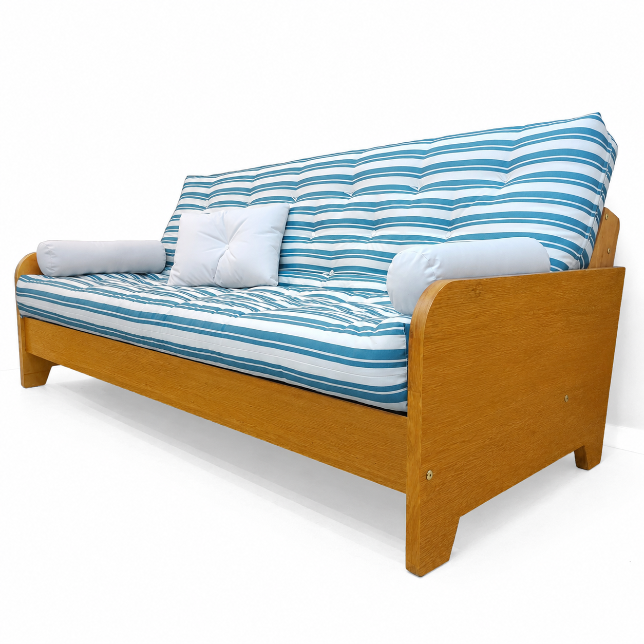 Sofá Cama Casal Futon Paris New II Acquablock em Madeira Maciça Mel- Cor Listrado Azul